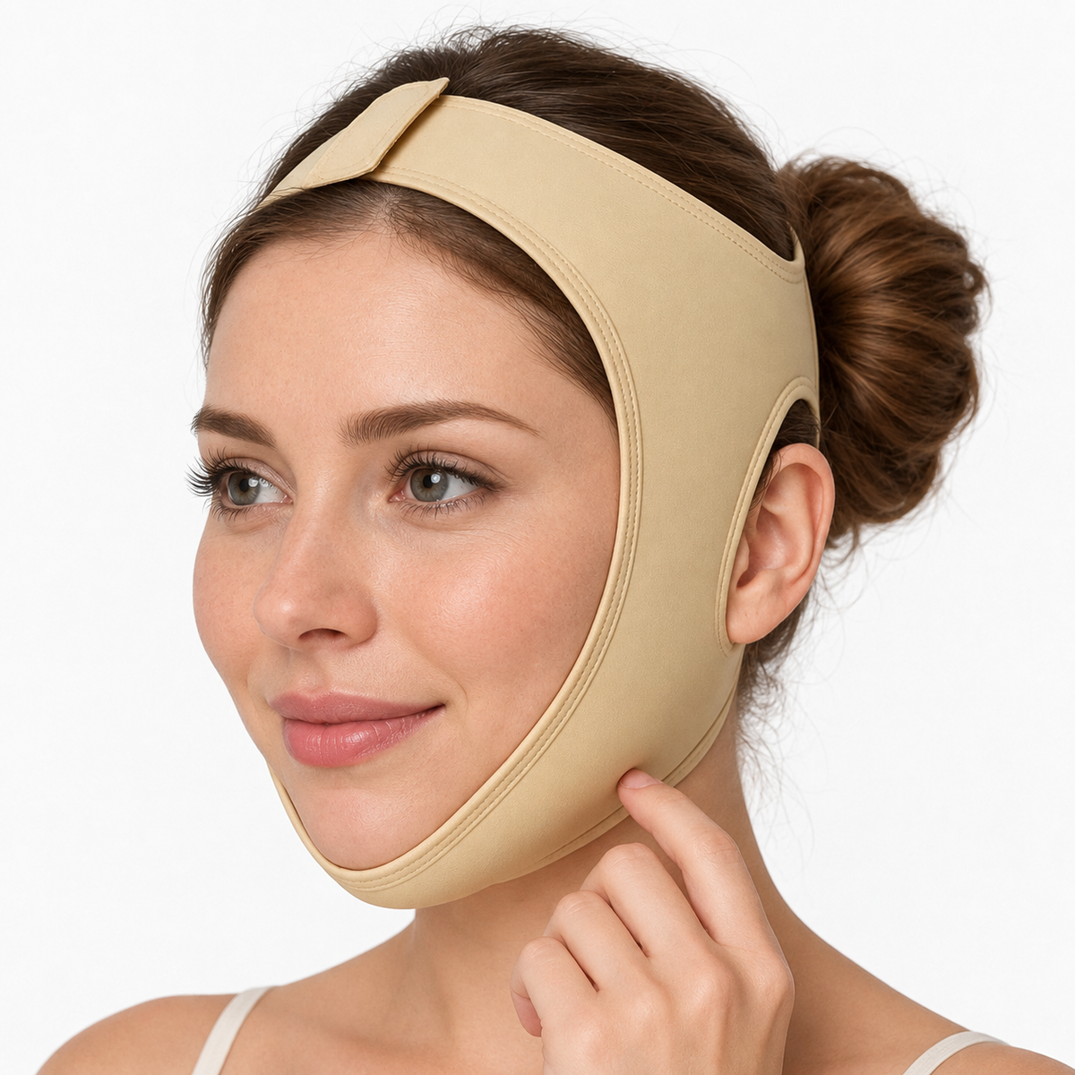 Bandeau visage beige porté par une femme